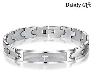 Men Titanium Stainless Steel Bless Cross Bible Bar Wrist Bangle Bracelet 8.5" - Picture 1 of 11