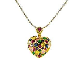 GOLD PLATED NECKLACE ITALY 2 COLOR SILVER N PINK GOLD WITH HEART 9 COLORS STONES - Picture 1 of 2