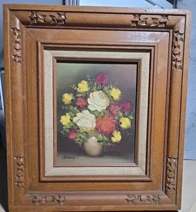 Vintage Blumenstillleben strukturiert Ölgemälde auf Leinwand signiert mit Holzrahmen - Bild 1 von 12