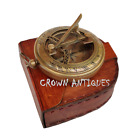 Brass Antique Push Button Sundial Compass 3" Pocket Sundial With Leather Case