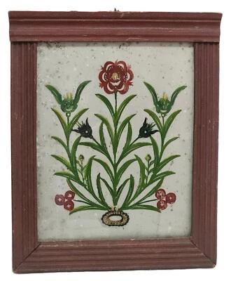 Folk FRAME & Eglomise PAINTING, Cornice, Fluted Frame, Orig Surface, c1800, 12"t - Image 1 of 4