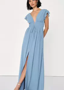 Lulus I'm All Yours Slate Blue Ruffle Maxi Dress Size L Boho Wedding Evening Eve - Picture 1 of 12
