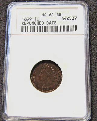 1899 Indian Cent ANACS MS 61 RB Repunched Date - Image 1 of 4