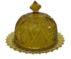 Vintage 80S Amber Glass Butter Dish with Dome Lid – Star & Button Pattern 7"x5" - Picture 1 of 9