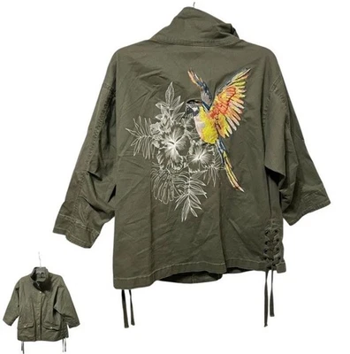 Chaqueta Express Bordada Loro Verde Manga 3/4 Talla L Boho Artsy Carga Cremallera Foto 1 de 4