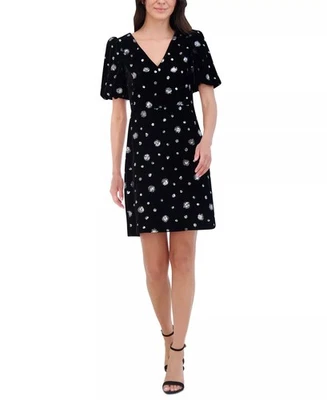 NEW Women's Size 4 Eliza J Sequined Puff-Short Sleeve A-Line Dress Black $208 - Image 1 of 4