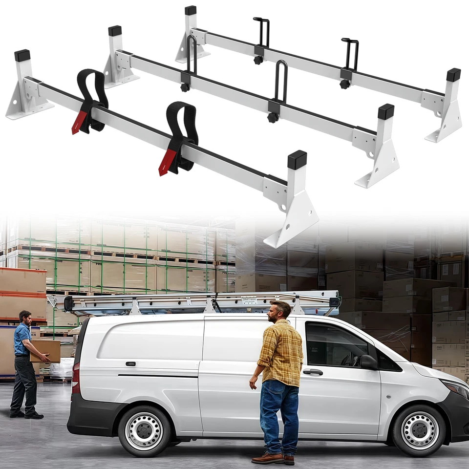 Baca de techo de acero para Mercedes-benz Metris, portaescaleras de furgoneta de carga, 3 bares blanca Foto 1 de 4