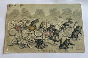 Louis Wain - Cats On Bicycles- A Road Race postcard -embossed-as Found - Picture 1 of 10