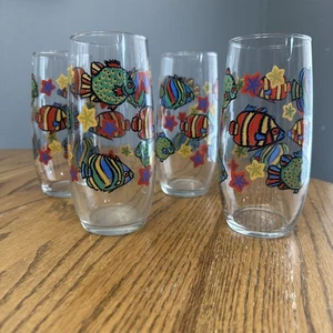 Set Of 4 Libbey Tropical Small Fish And Stars Drinking Glasses 16 Ounces Vintage - Picture 1 of 8