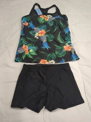 Traje de baño Tankini Yonique 2 piezas estampado floral parte superior/parte inferior negra sólida talla pequeña nuevo Foto 1 de 4