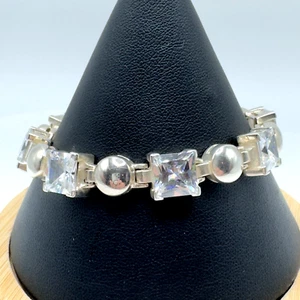 Sterling Silver Cubic Zirconia Chunky Bracelet Square Cut 7.5" - Picture 1 of 8