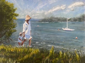 Seascape mother and child blue impressionist art Original painting Gary Yeomans - Picture 1 of 10