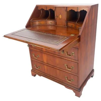 Yew Wood Leather Top Drop Front Secretary Desk 3 Drawers Brass Hardware MINT! - Image 1 of 4