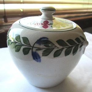 ADAM'S ENGLAND URN SHAPE WHITE PORCELAIN LIDDED BOWL, RED & GREEN LEAF, USED - Picture 1 of 5