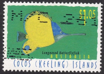 1995 Cocos (Keeling) Islands - SC# 313 - Longnosed Butterflyfish - Used - Image 1 of 2