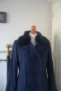 Laura Ashley Navy Blue  Wool Mix Winter Coat UK12 Faux Fur Collar Brand New - Picture 1 of 13