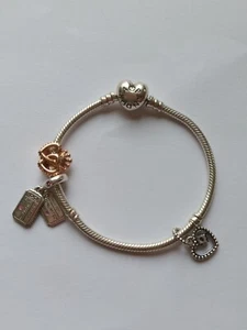 Auth.PANDORA Moments Heart Clasp BangleBracelet 925 ALE Silver 596268 WITH CHARM - Picture 1 of 10