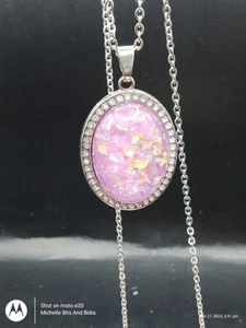 Handmade Silver Tone Oval Pendant Necklace With Purple Glitter Cabochon - Picture 1 of 2