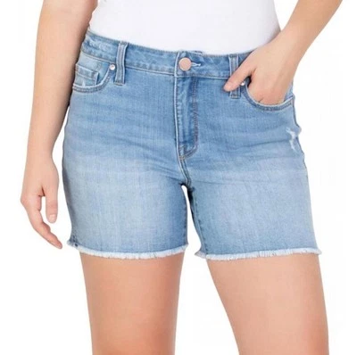 Pantalones cortos de fin de semana Seven7 de mezclilla con dobladillo deshilachado para mujer talla 16 azul claro tiro medio Foto 1 de 4