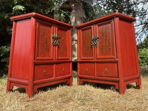 Antique Red Lacquered Chinese Bedside Tables Side Tables Cabinet - Picture 1 of 17