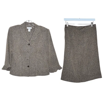 Miss Dorby винтажный черный желтовато-коричневый длинным рукавом Blazer юбка костюм размер 10 оборкой рукав - Изображение 1 из 4