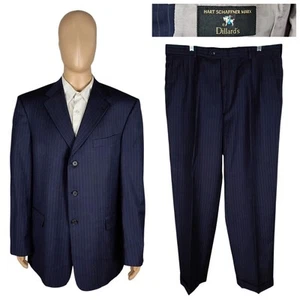 Hart Schaffner Marx 2 Piece Worsted Blue Twill Stripe Wool Suit 44L Pants 36X32 - Picture 1 of 15