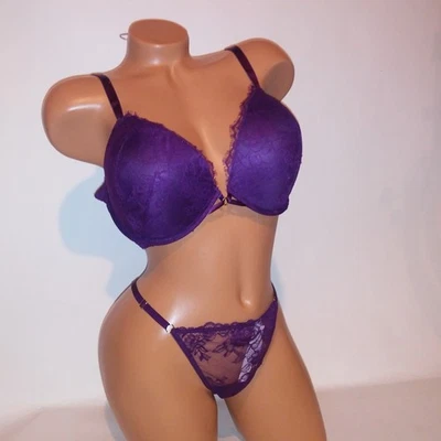 Conjunto de sutiã Victoria Secret 38DD forrado Demi calcinha tanga grande roxa renda push up - Imagem 1 de 4