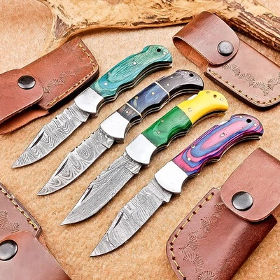 LOTE DE 4 PIEZAS! Cuchillos de bolsillo Damasco hechos a mano - Cuchillos plegables, con funda IT-2850 Foto 1 de 4
