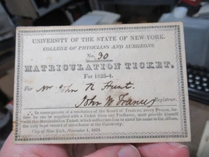 Biglietto immatricolazione 1823 NY College medici e chirurghi firmato Francis Hunt - Foto 1 di 3
