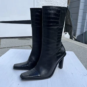 Vintage 90s Y2K Sabatine Black Leather Crocodile Square Pointed Toe Boots Size 7 - Foto 1 di 17