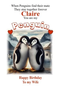 Personalised Birthday Valentines anniversary Card Penguins mate for life - Picture 1 of 7