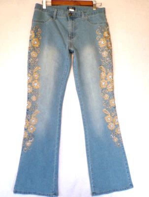 Venus 8/33 码牛仔裤女式刺绣花朵亮片喇叭浅水洗 — 第 1/4 张图片