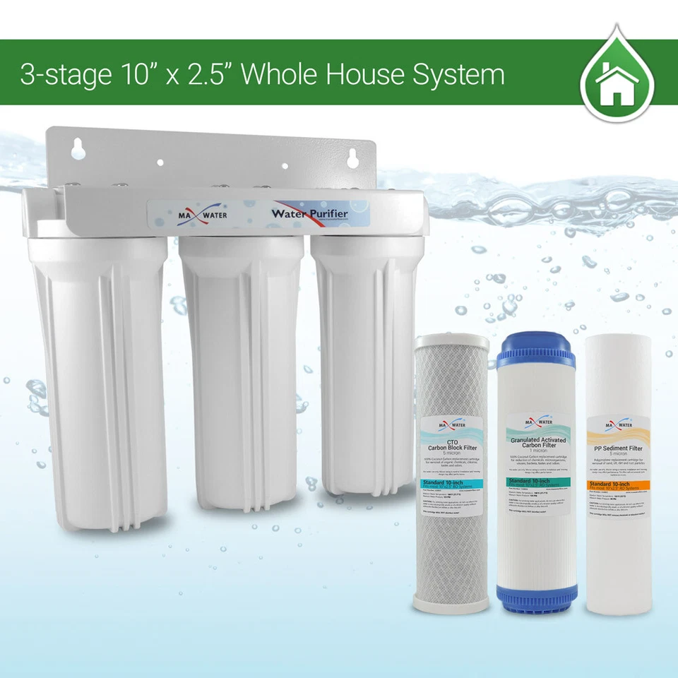  Whole House Water Filter System 2.5" x 10" White 3 Stage Filtration 3/4" Inlet - Image 1 of 4