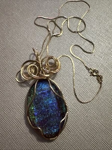 14 Kt Gold Blue Opal  Pendant On 14 Kt Gold Serpentine 24 In Chain Exquisite - Picture 1 of 6