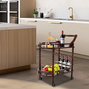 Bar Cart Solid Wood Storage Rack with Bottle Rack Home Bar Service Cart w/Wheels - Picture 1 of 20