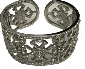 Suzanne Somers Silver Rhinestone Wide Filigree Cuff Bangle Bracelet Cross - Picture 1 of 6