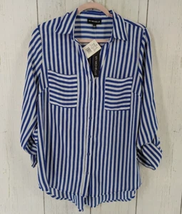 My Michelle Size Large Blue White Stripe Collar Button Long Sleeve Blouse NWT - Picture 1 of 7