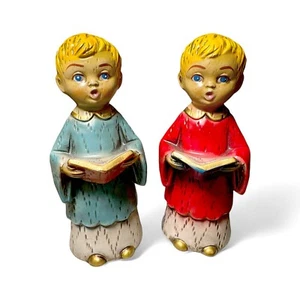Vintage (2) Christmas Carolers Choir Boy Figures Chalkware/Plaster/Paper Mache - Picture 1 of 9