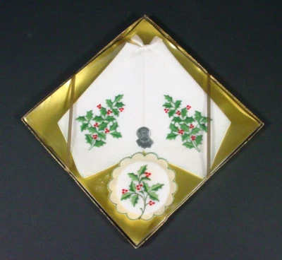 Vintage DESCO Christmas handkerchiefs hankies holly 100% cotton NOS Switzerland - Image 1 of 4