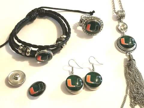 Miami Hurricanes Snap Jewelry snap, stretch Ring, Earrings, Bracelet, Necklace Cover