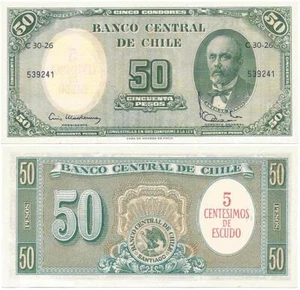 1960-61 CHILE Crisp Uncirculated "5 CENTESIMOS on 50 PESOS" Inflation NOTE - Picture 1 of 3