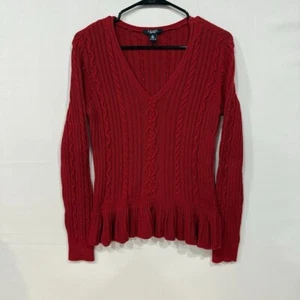 Chaps Women's Sweater M Red Cable Knit Peplum Hem Cotton Pullover - Picture 1 of 5