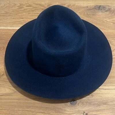 Lindsay Dunn Navy Blue Wool Felt Wide Brim Fedora Hat Size Medium - Image 1 of 4