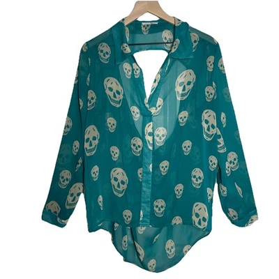 Honey Punch Large Skull Long Sleeve Teal Green Y2K Aria Top Office Halloween - Image 1 of 4