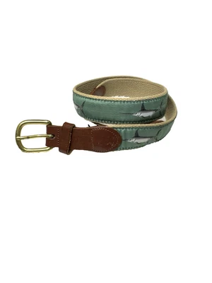 Leather Man Ltd. Swordfish Green Ribbon Tan Canvas Brown Leather Belt Size 30 - Image 1 of 4