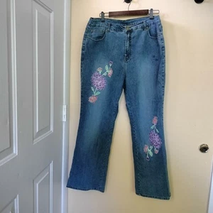 Denim 24/7 Floral Embroidered Wide Leg Blue Jeans 20W Stretch Boho Artsy - Picture 1 of 9