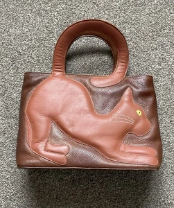 Yoshi Rare Brown Leather Grizabella Cat Top Handle Bag Excellent - Picture 1 of 10