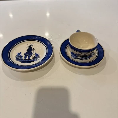 LOT-Antique HB QUIMPER Hand Painted PLATE France Male Breton 7.5" Woman 6.5” Cup - Image 1 of 4