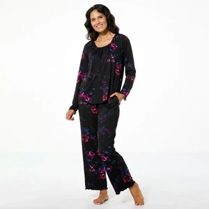 Comfort Code Size LARGE 2-piece Peach Jersey Long Sleeve PJ Set BLACK FLORAL HSN - Picture 1 of 1