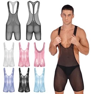 Men's Shimmering See Through Wrestling Singlet Bodysuit Boxer Shorts One AU - Picture 1 of 88